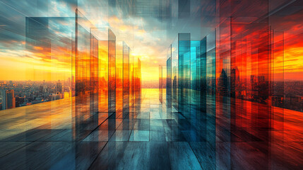 A captivating double exposure blends an abstract virtual technology hologram with an empty modern office, symbolizing innovation and progress in the digital realm

