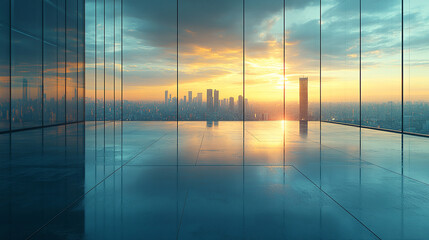 A captivating double exposure blends an abstract virtual technology hologram with an empty modern office, symbolizing innovation and progress in the digital realm

