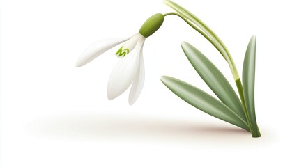Obraz premium A delicate snowdrop flower with green leaves on a white background.