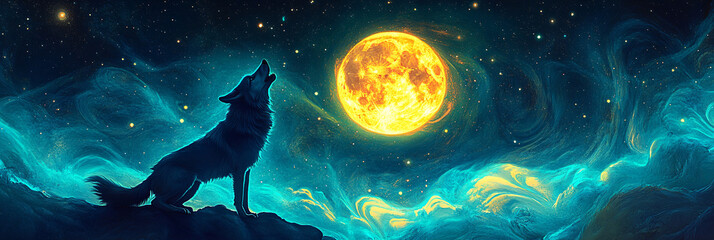 Obraz premium A lone wolf howling at a glowing full moon, surrounded by swirling patterns of stars and auroras, symbolizing independence and the call of the wild. 