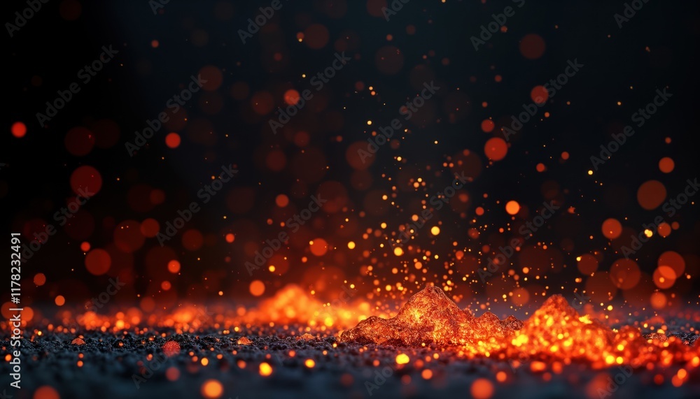 Aufkleber fiery embers glow intensely on dark surface. sparks fly in air creating bright light effect. abstrac