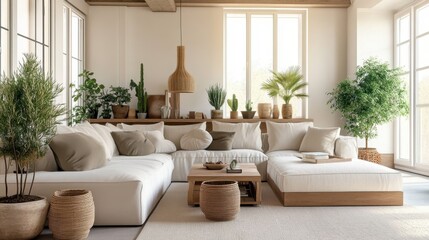 Bohemian living room, white sectional sofa, arched window, natural light, rattan ottoman, potted plants, wooden cabinet, neutral color palette, woven wall decor, moon phase wall art, minimalist aesthe