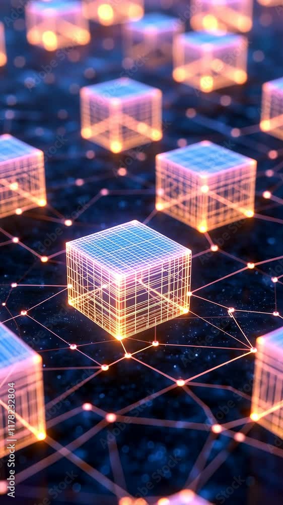 Aufkleber network of glowing cubes illustrating a digital data structure in a futuristic environment