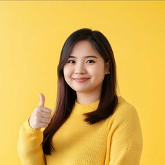 a filipina virtual assistant one thumb up pose yellow background wearing yellow sweater
