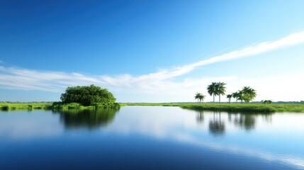 Fototapeta premium Tranquil river scene with lush greenery and clear blue skies.