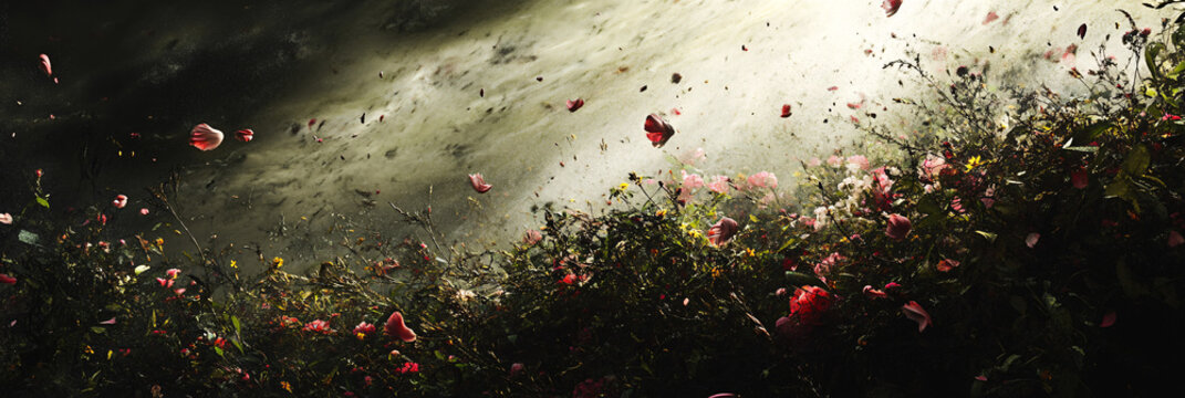 A lush garden caught in the path of a tornado, with petals and debris flying amidst the swirling winds, illustrating the fragility of beauty in the face of destruction.  