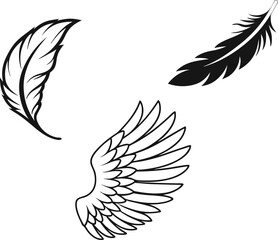 Angel wings vector set. Winged abstract emblems drawn with coloring page