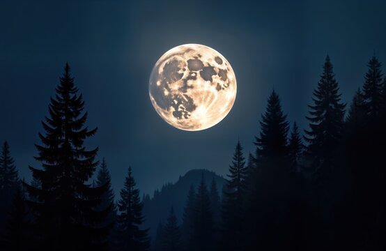 Stunning supermoon dominates night sky. Dark silhouettes of forest trees fill background. Round moon lightens dark evening. Photo captures cosmos, nature, space. Ideal for astronomy lovers, nature