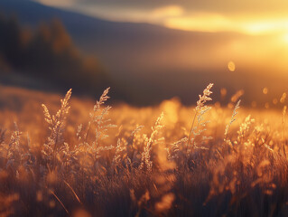 Wild grass in the forest at sunset. Macro image, shallow depth of field. Abstract summer nature background. Vintage filter