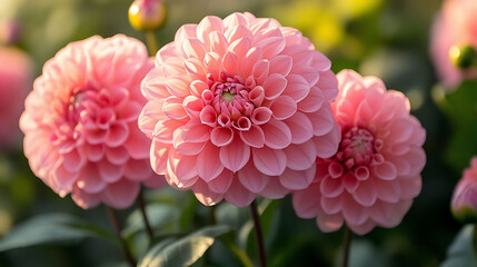 Fototapeta premium Three pink dahlia flowers in a garden.