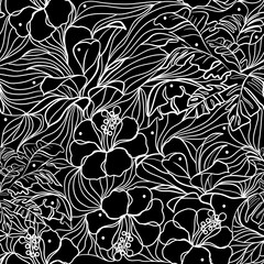 Seamless floral pattern with hibiscus flowers in laced style vector illustration 