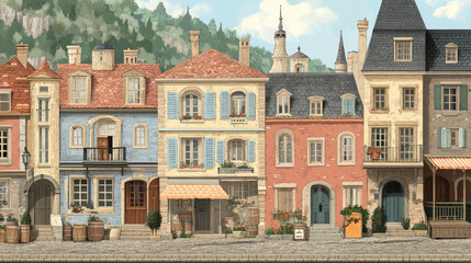 Obraz premium Charming European Street with Colorful Historic Buildings and Greenery