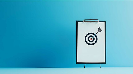 A minimalist depiction of a clipboard with a dart hitting the center of a target with simple lines and shapes set against a clean blue background evoking clarity and f