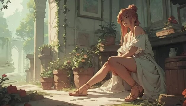 어딘가를 바라보며 잠시 쉬고 있는 미소녀