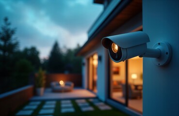 Modern home security system. Smart camera installed on exterior wall at twilight. House illuminated with warm light from inside, outside. Peaceful outdoor scene suggests safety, comfort. Tech
