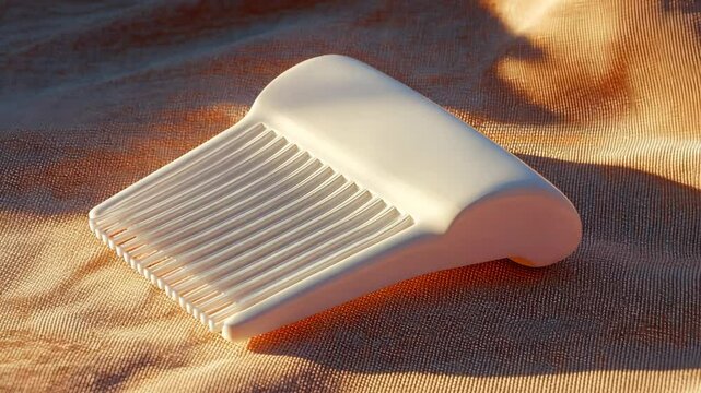 Unique white hair comb lies on soft fabric, showcasing its elegant design and functionality in natural light