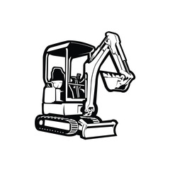 Mini excavator monochrome vector art isolated in white background