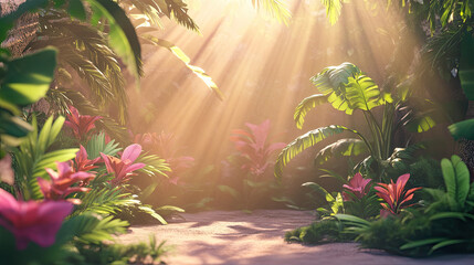 Serene Tropical Jungle with Sunlight Breaking Through Foliage
