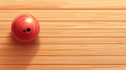 Red bowling ball on wooden lane.