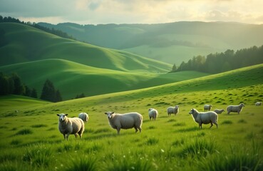 Serene green pasture in rolling hills. Sheep graze peacefully in rural landscape. Vibrant green grass, rolling hills create tranquil scene. Sunny day in tranquil countryside. Scenic view of pastoral