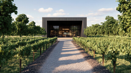 Obraz premium Modern Vineyard Building Surrounded by Lush Green Grape Vines