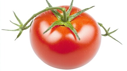 A vibrant red tomato with green stems, showcasing freshness.
