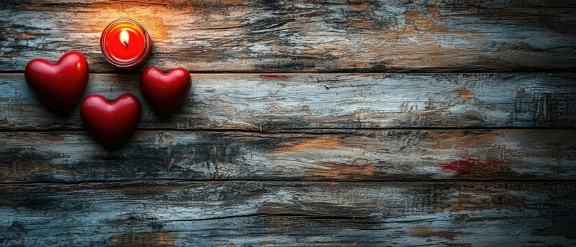 Lit candle and hearts on rustic wood, love or Valentine's Day theme
