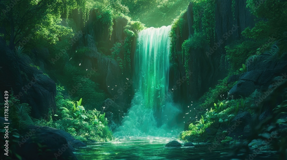 Poster a beautiful, mystical green waterfall flowing through an enchanted forest, with vibrant greenery sur