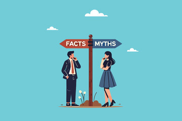 Obraz premium Navigating Truth and Misconceptions, Business Professionals at the Crossroads of Facts vs. Myths