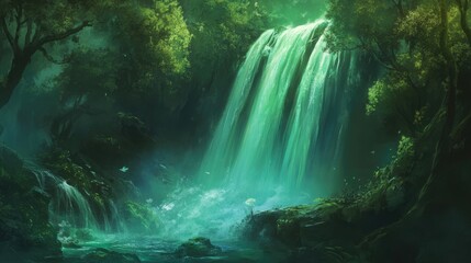 A beautiful, mystical green waterfall flowing through an enchanted forest, with vibrant greenery surrounding it, creating an ethereal and hidden oasis