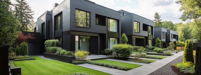 Fototapeta premium Modern duplex house, black exterior, large windows, minimalist architecture, lush green lawn, mature trees, suburban setting, symmetrical design, clean lines, contemporary home, landscaped front yard,