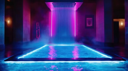 Neon Relaxation: Serene Indoor Pool with Waterfall and LED Lighting