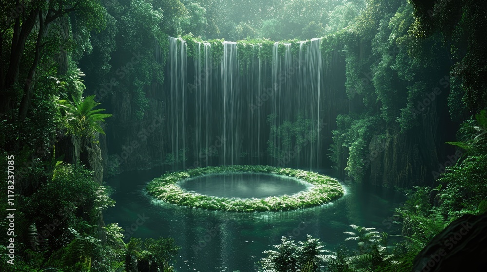 Poster a breathtaking forest oasis featuring a circular waterfall surrounded by lush greenery, creating a s