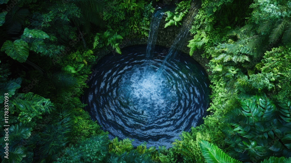 Poster a breathtaking forest oasis featuring a circular waterfall surrounded by lush greenery, creating a s