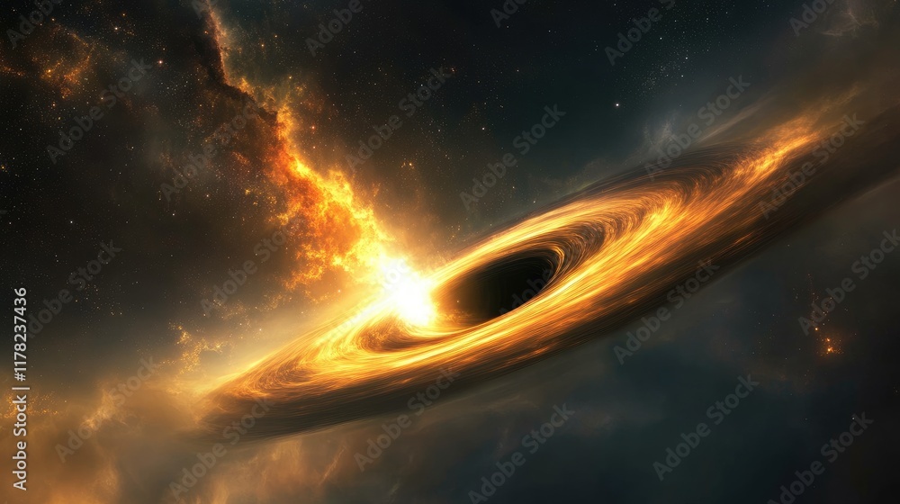 Poster a captivating image of a cosmic black hole, with swirling particles of light and matter captured in 