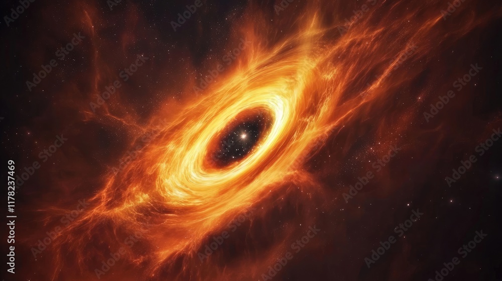 Poster a captivating image of a cosmic black hole, with swirling particles of light and matter captured in 