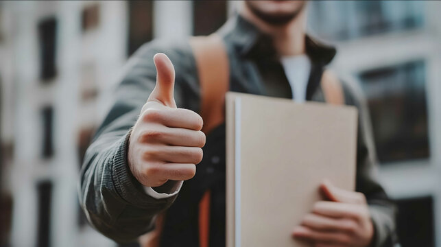 thirtyyearold man with thumbs up service result from the waist up holding a masters thesis in his hand