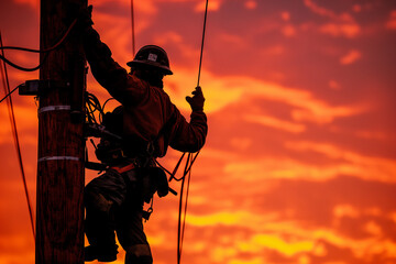 A lineman silhouetted against a brilliant orange sunset, working atop a utility pole.