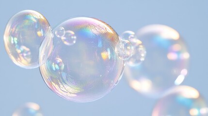 Naklejka premium A close-up shot of shimmering transparent soap bubbles against a calm light blue backdrop, with light reflecting off their delicate surfaces