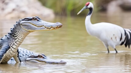 Obraz premium Two crocodiles in water with a crane standing nearby.
