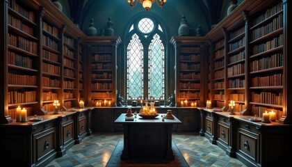 Large dark vintage library with ornate wooden bookshelves filled with aged books. Candles illuminate room creating mystical ambiance. Central table with glassware, objects suggests place for study