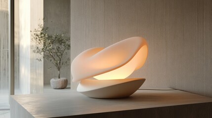 A contemporary sculptural lighting fixture with soft pastel colors, casting a warm, inviting glow in a modern interior setting with minimalist design