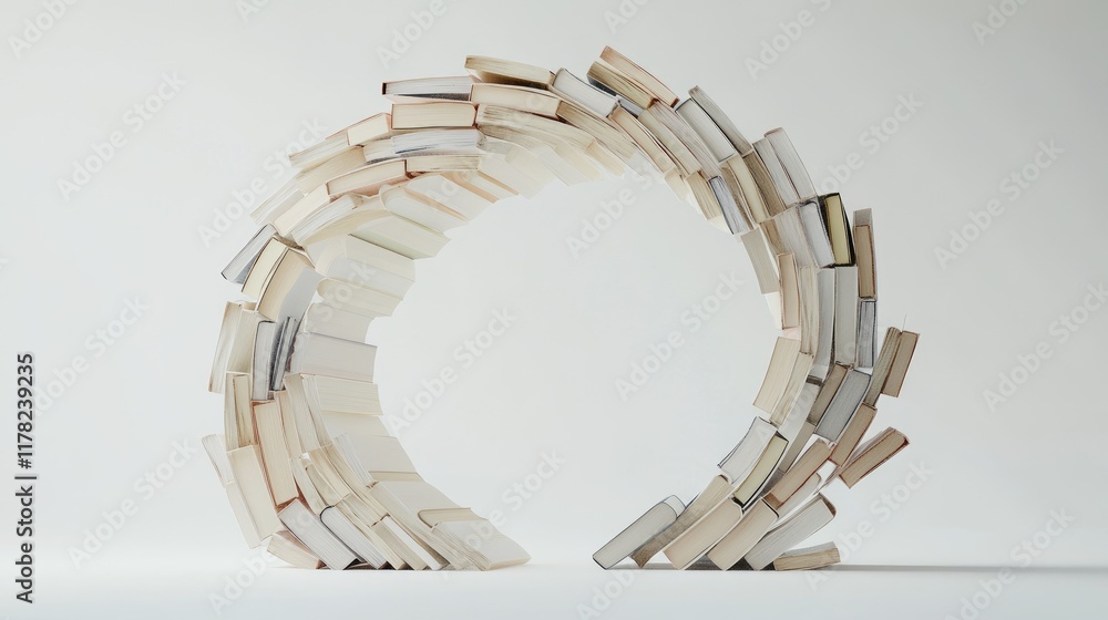 Poster a creative composition of open books forming an arch on a white background, symbolizing knowledge an