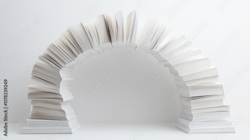 Poster a creative composition of open books forming an arch on a white background, symbolizing knowledge an