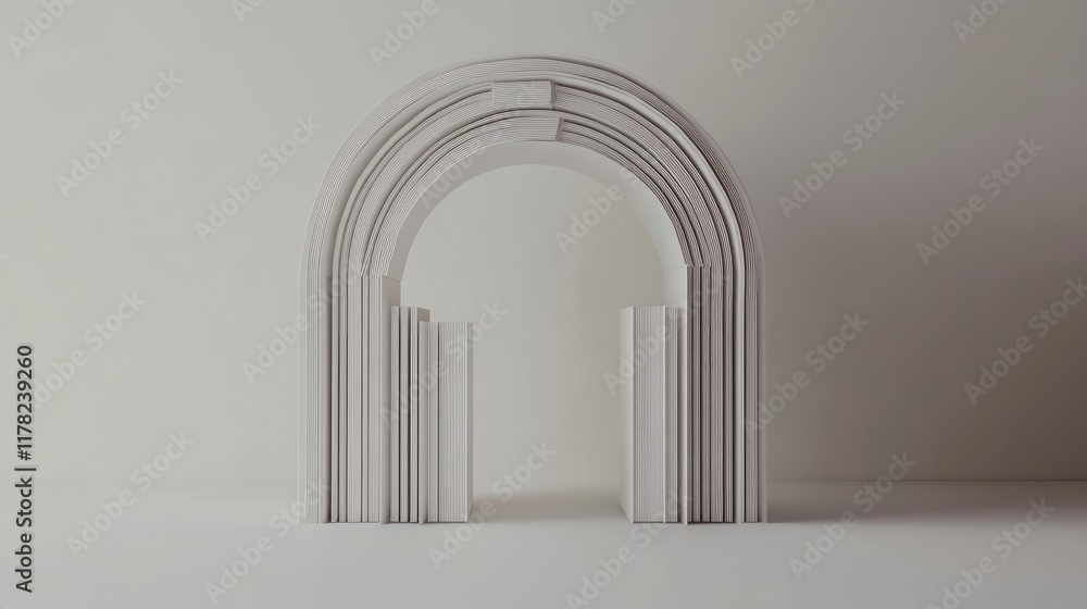 Poster a creative composition of open books forming an arch on a white background, symbolizing knowledge an