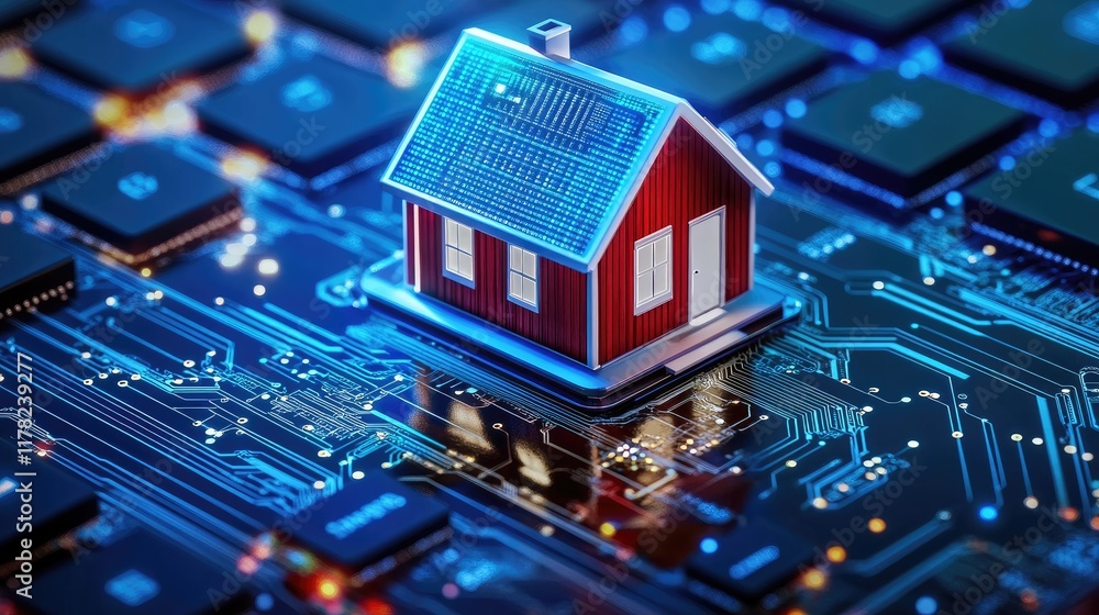Poster a creative representation of a home network, with a tiny house positioned on a keyboard circuit boar