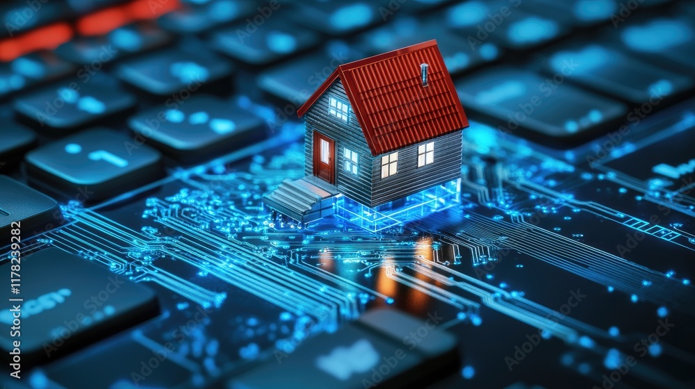 Poster a creative representation of a home network, with a tiny house positioned on a keyboard circuit boar