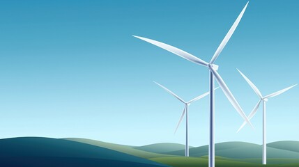 Obraz premium Wind turbines in a serene landscape under a clear blue sky.