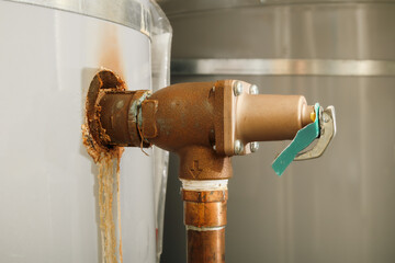 Temperature pressure relief valve or TP valve on hot water tank in boiler room. Close up. Safety...