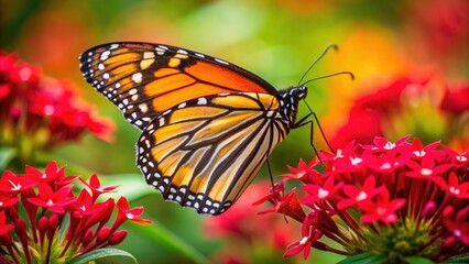 Obraz premium Monarch Butterfly Closeup on Red Pentas, Insect Macro Photography, Butterfly on Flower, Nature Wildlife